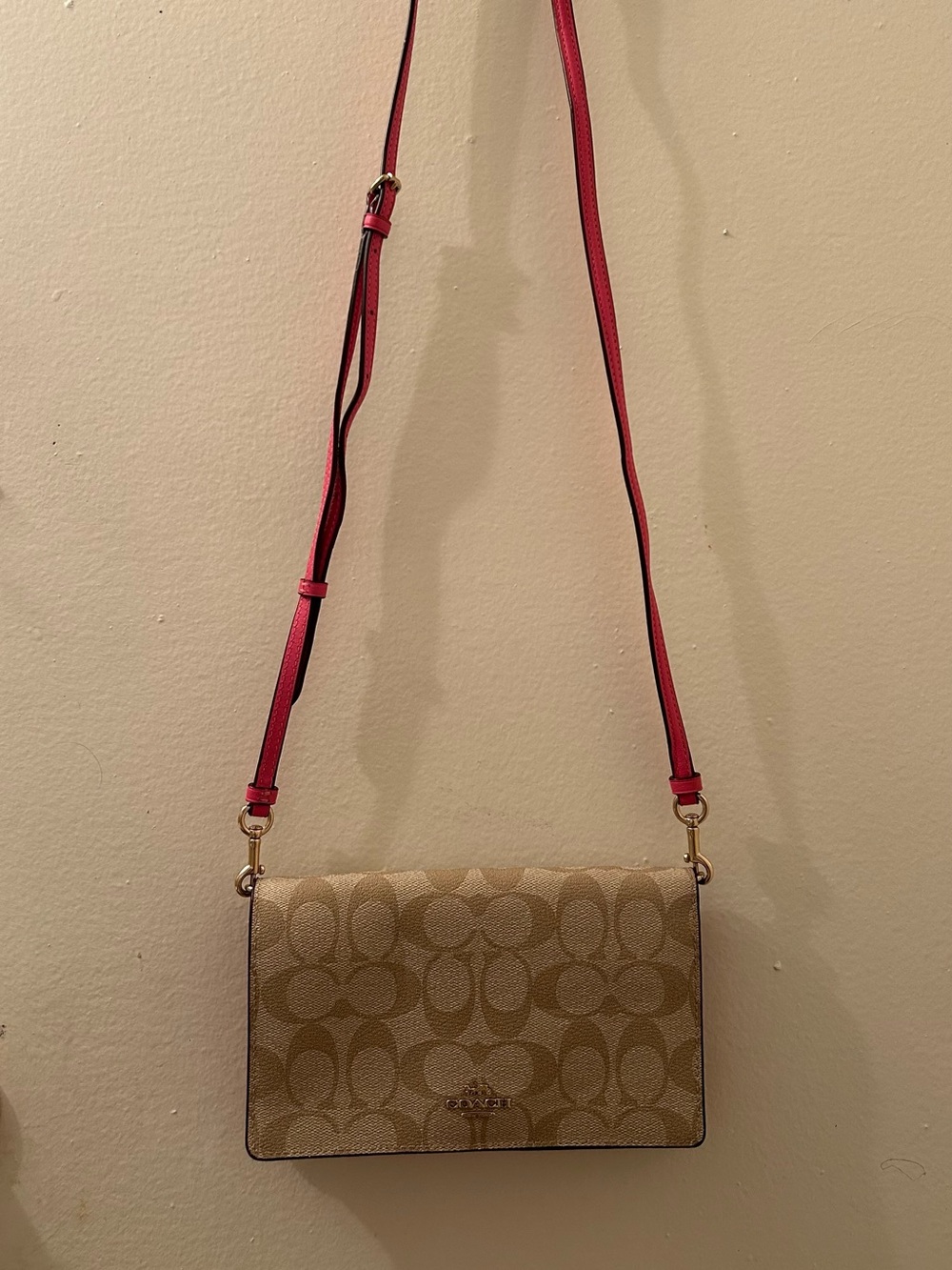 Coach Tan Signature Crossbody with Pink Adjustable Strap